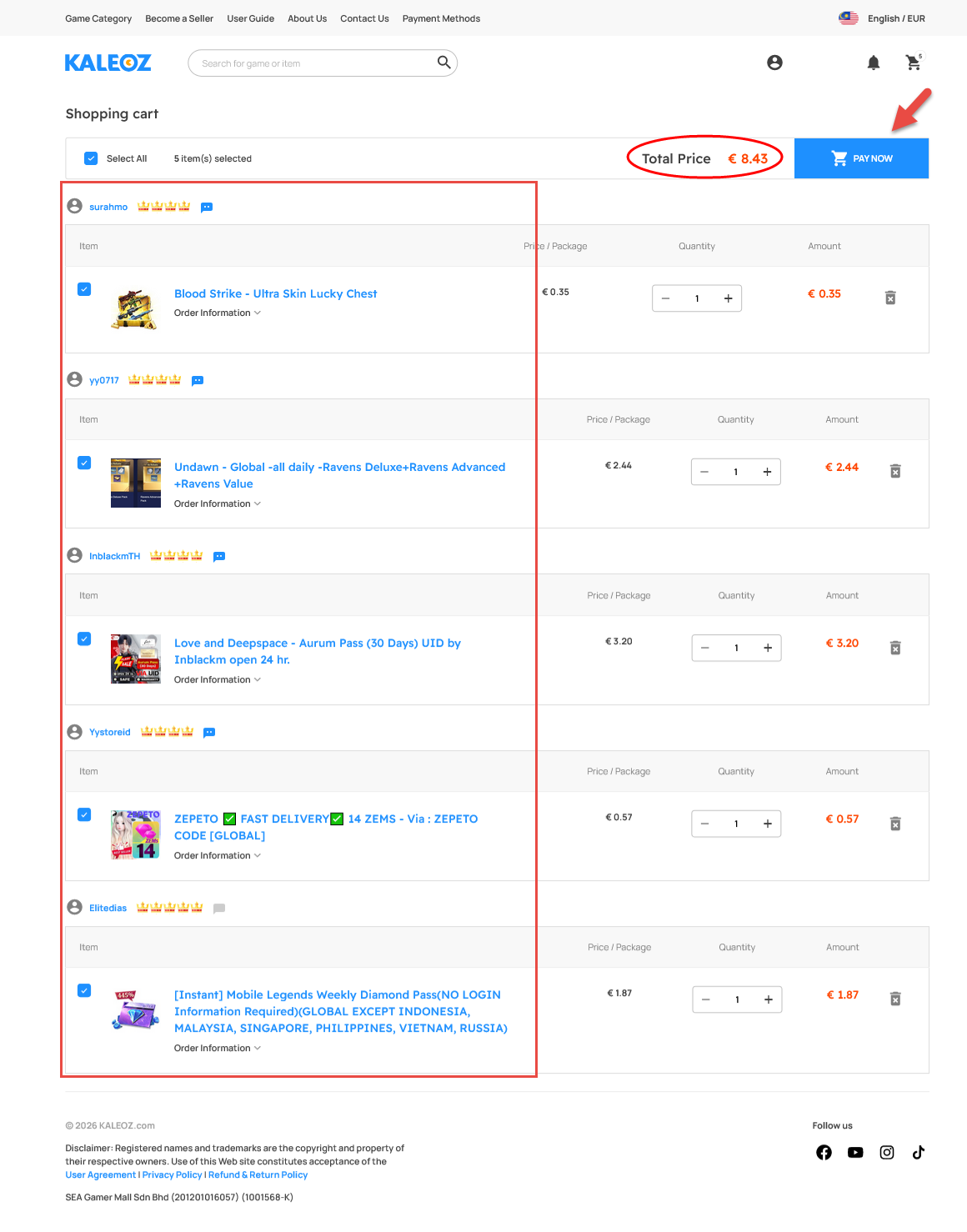 Checkout and view total cost before payment