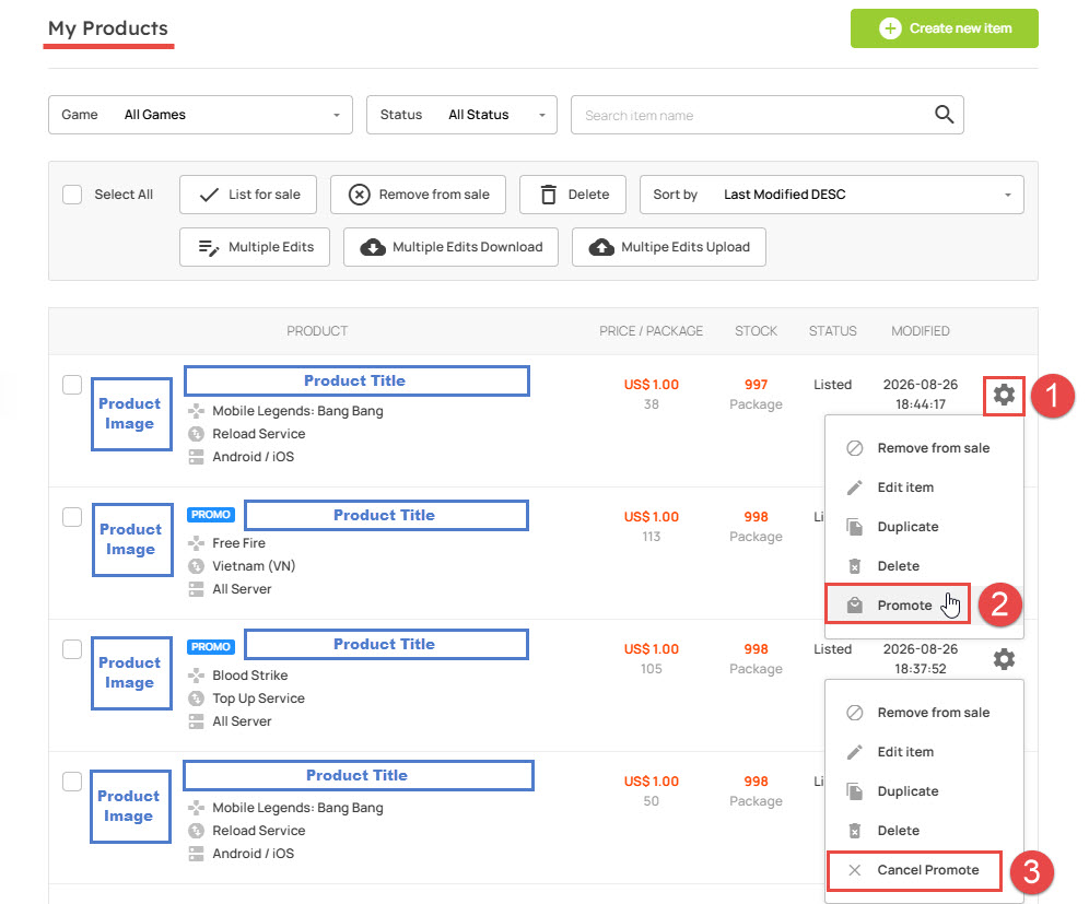 Select a product and click Promote