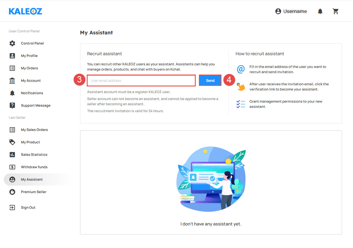 Enter the user email address and send the seller assistant invitation