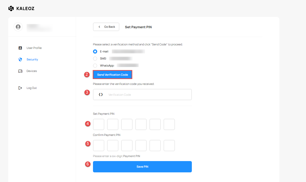 Setup kaleoz payment PIN